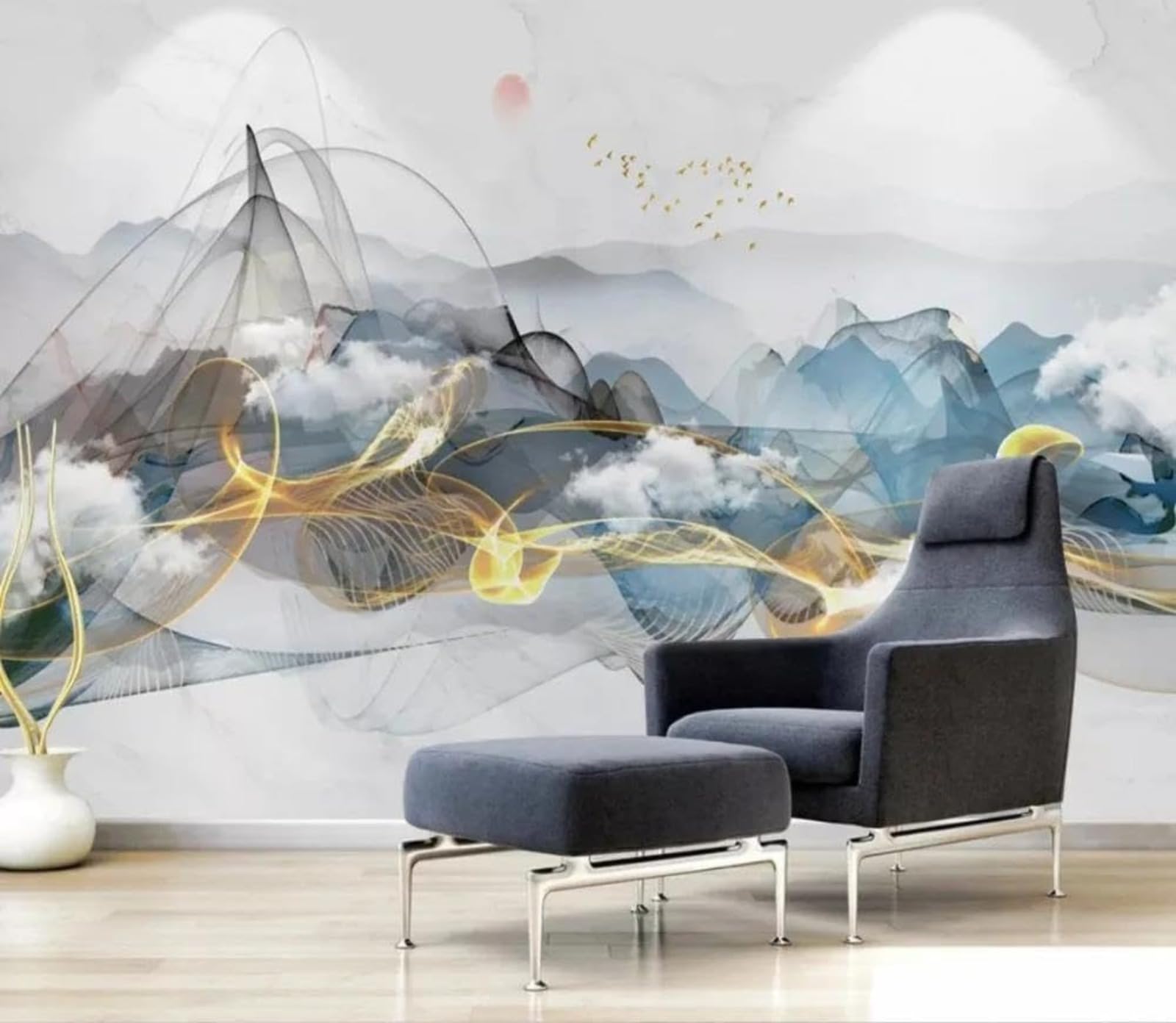 Fond d'écran 3D salon avec lignes montagne décoratives et grand paysage mural