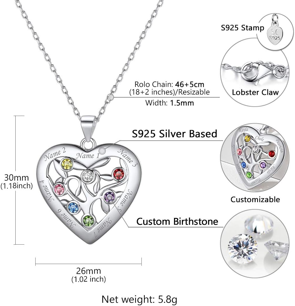 U7 Heart/Round Tree of Life Necklace, Customized Birthstone Jewelry for Women Men,Custom Name Family Branch Tree Pendant Personalized Mother Necklaces with 2-7 Names and Birthstones