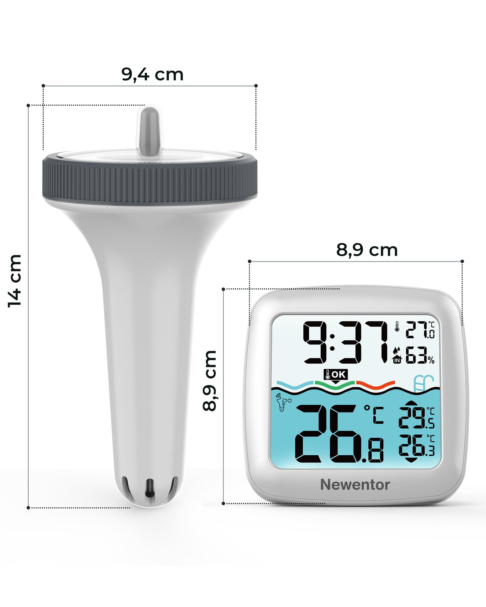 Newentor Funk Poolthermometer - 4-fach Wasserdicht - Antennen-Turbo durchdringt Wände für 100m Reichweite - Schwimmend Wasserthermometer, Perlweiß mit Basisstation