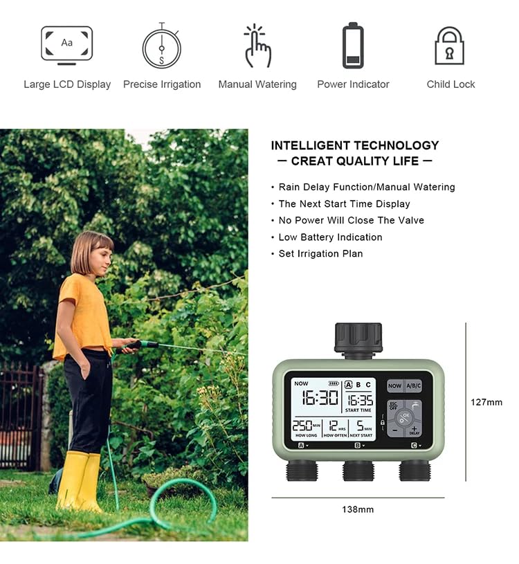 Diagram showing key features: Large LCD, Precise Irrigation, Manual Watering, Power Indicator, Child Lock