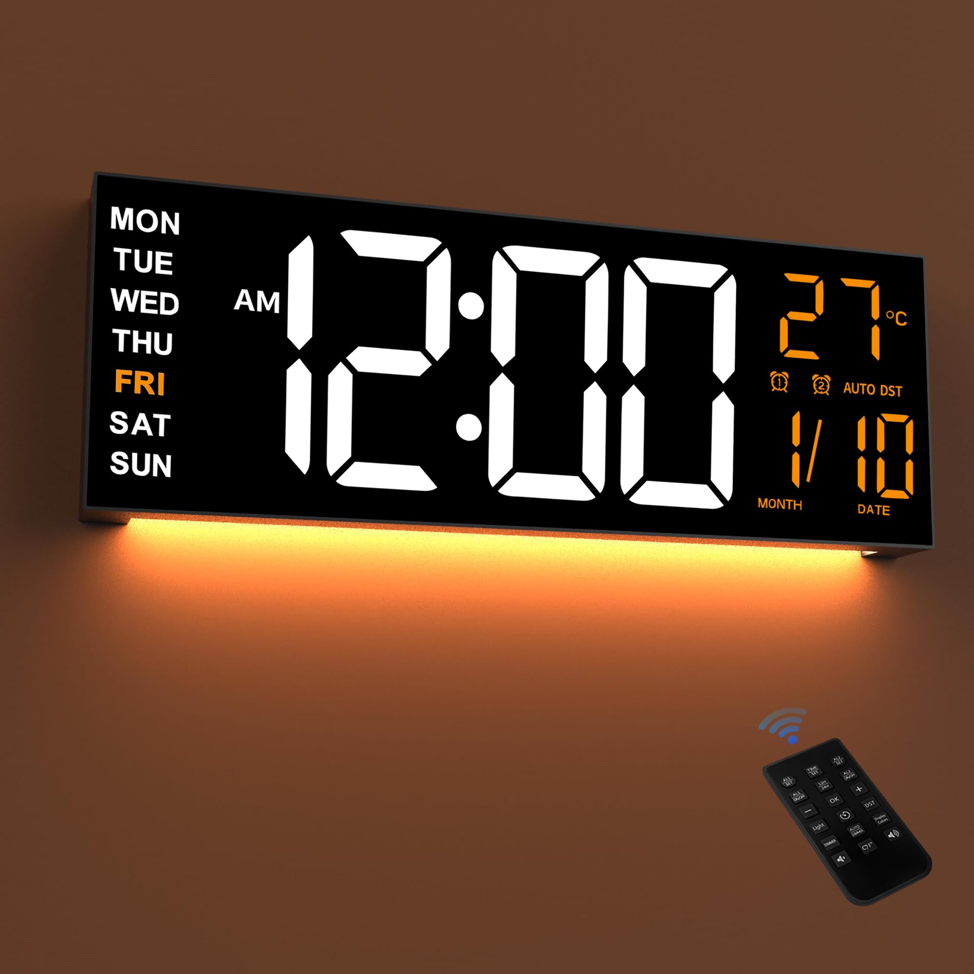 Mee 2ou 16.5" Large LED Wall Clock with Night Light, Auto Dimming, 2 Alarms, 8 RGB Color, Temperature Display, Remote Control, 12/24H, Countdown Timer for Living Room, Bedroom, Desk, Gift for Elderly