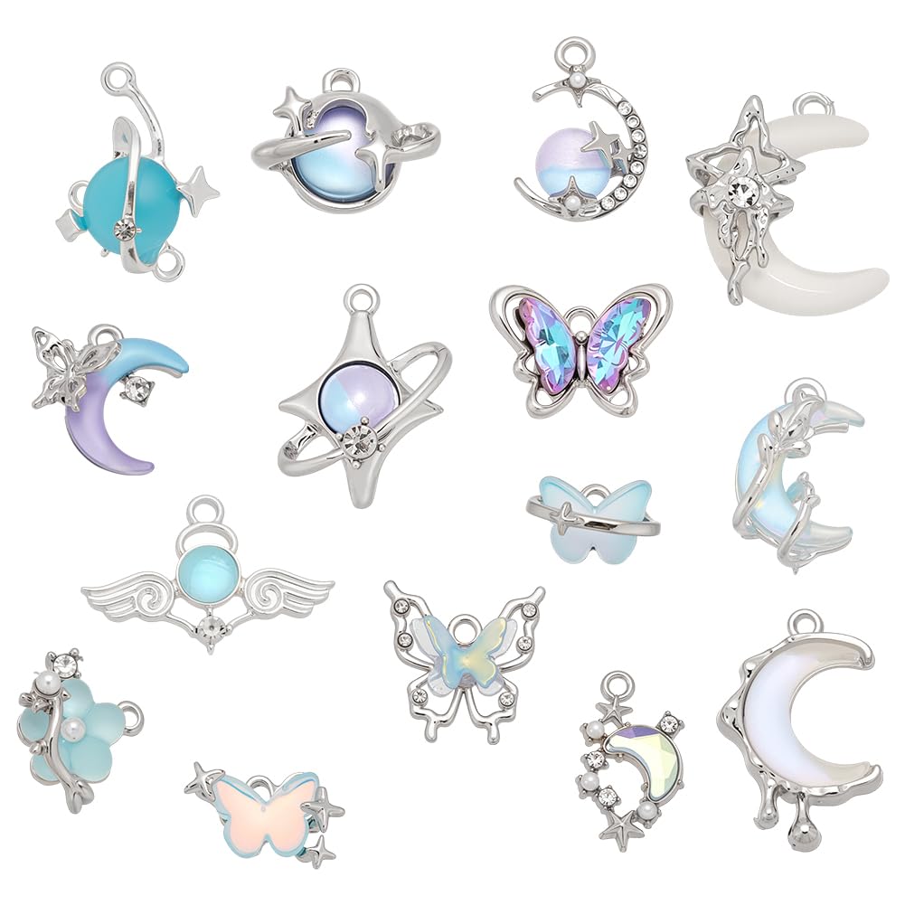 WADORN 30Pcs Enamel Gothic Charms Pendants, 15 Styles Assorted Moon Star Butterfly Flower Metal Dangle Charm Bulk Alloy Metal Pendants Craft Findings for DIY Jewelry Making Bracelet Necklace Earring