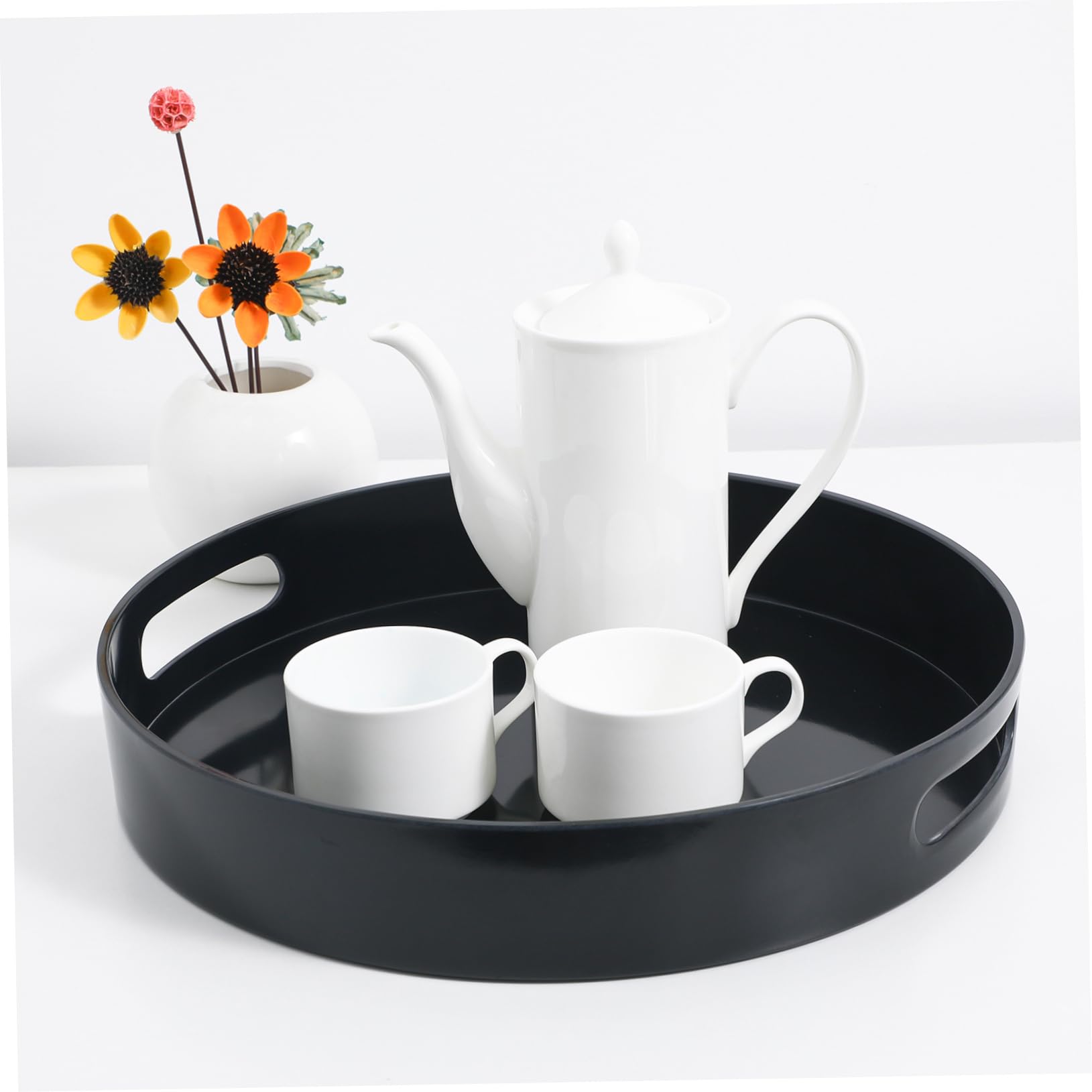 Bandeja Redonda Decorativa Mediana Negra con Asas de Plástico | Exhibir Objetos, Diseño Simple y Elegante, Fácil de Transportar, Uso Versátil en Hogar