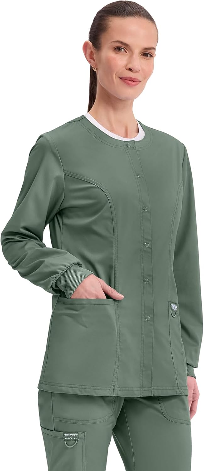 Cherokee Womens Scrub Jacket Nurse Snap Front Medical Uniform with Pockets, 2-Way Stretch, Easy Care Soft Fabric - WW310 - Image 5