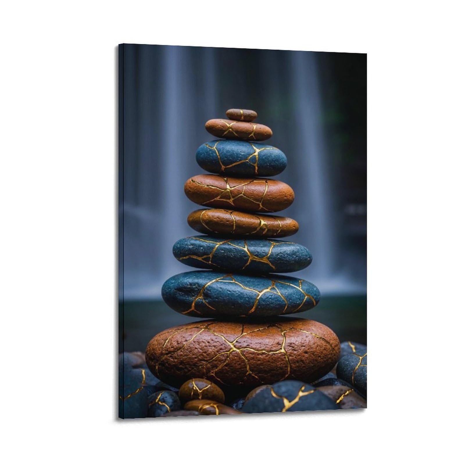 XKUGA Zen Healing Poster Kintsugi Pebble Waterfall Balance Meditation Modern Decorative Canvas Prints - Ideal Wall Art for Family, Man Cave, Game Room, Boys & Girls Bedroom 20x30inch(50x75cm)