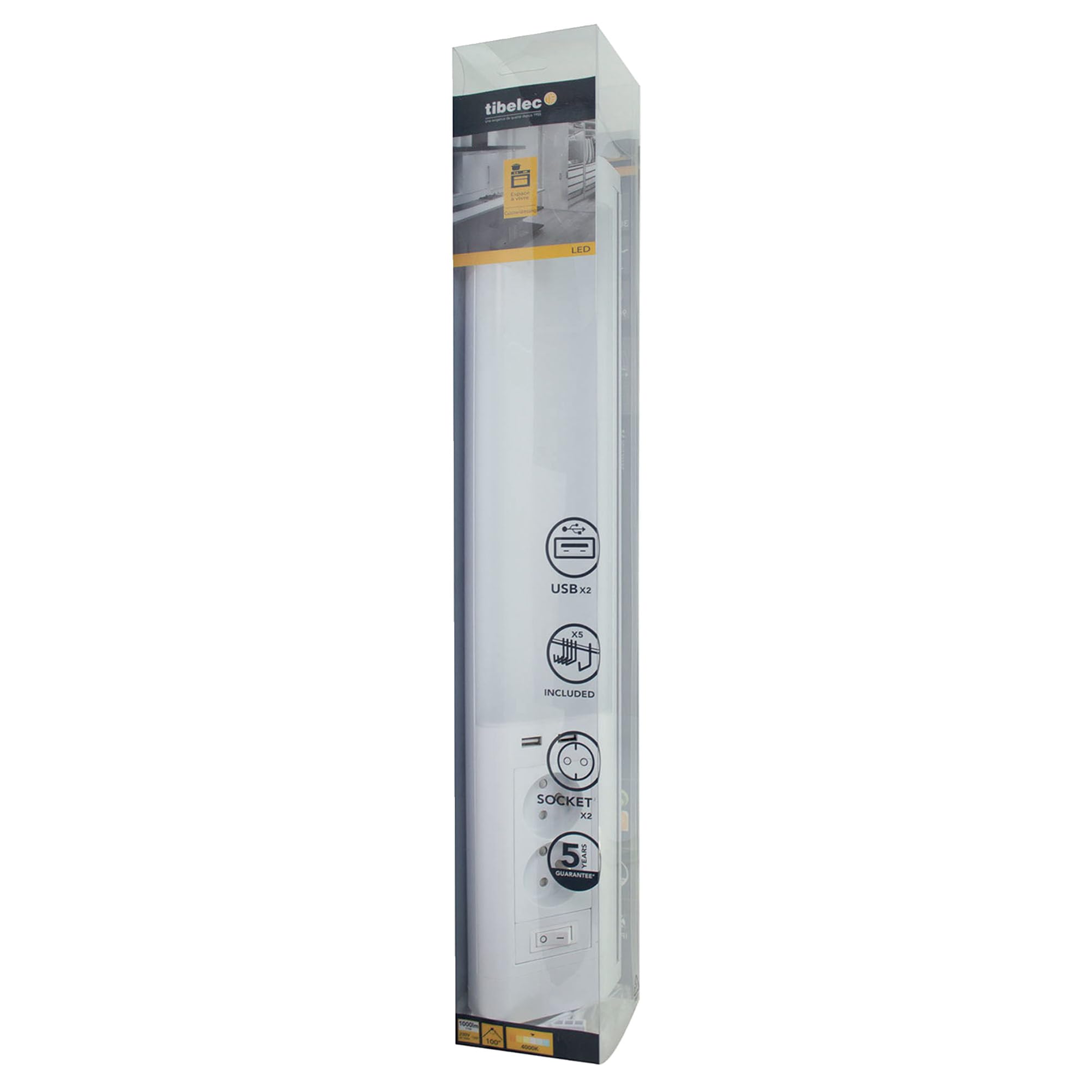 TIBELEC Réglette LED Blanc 11W, 1000 lm, 4000K, interrupteur on/off, 2 prises 240V + 2 USB, 5 crochets, garantie 5 ans