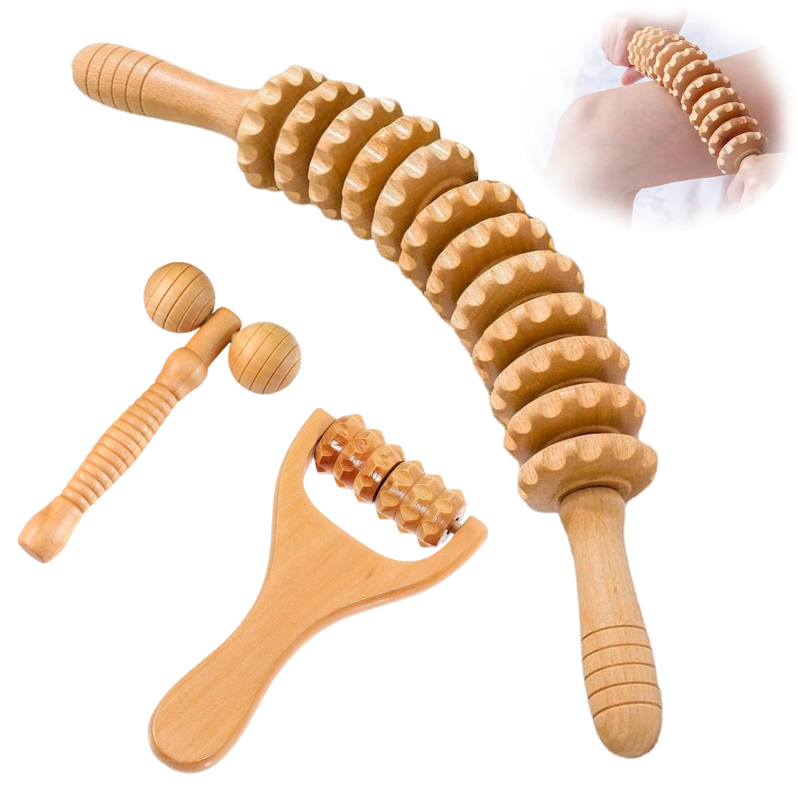 3 PCS Rodillo Masajeador de Madera, Rodillo de Madera para Espalda, Cuello, Piernas, Relaja los Músculos y Alivia la Fatiga, Apto para uso Doméstico, Viajes y Oficina