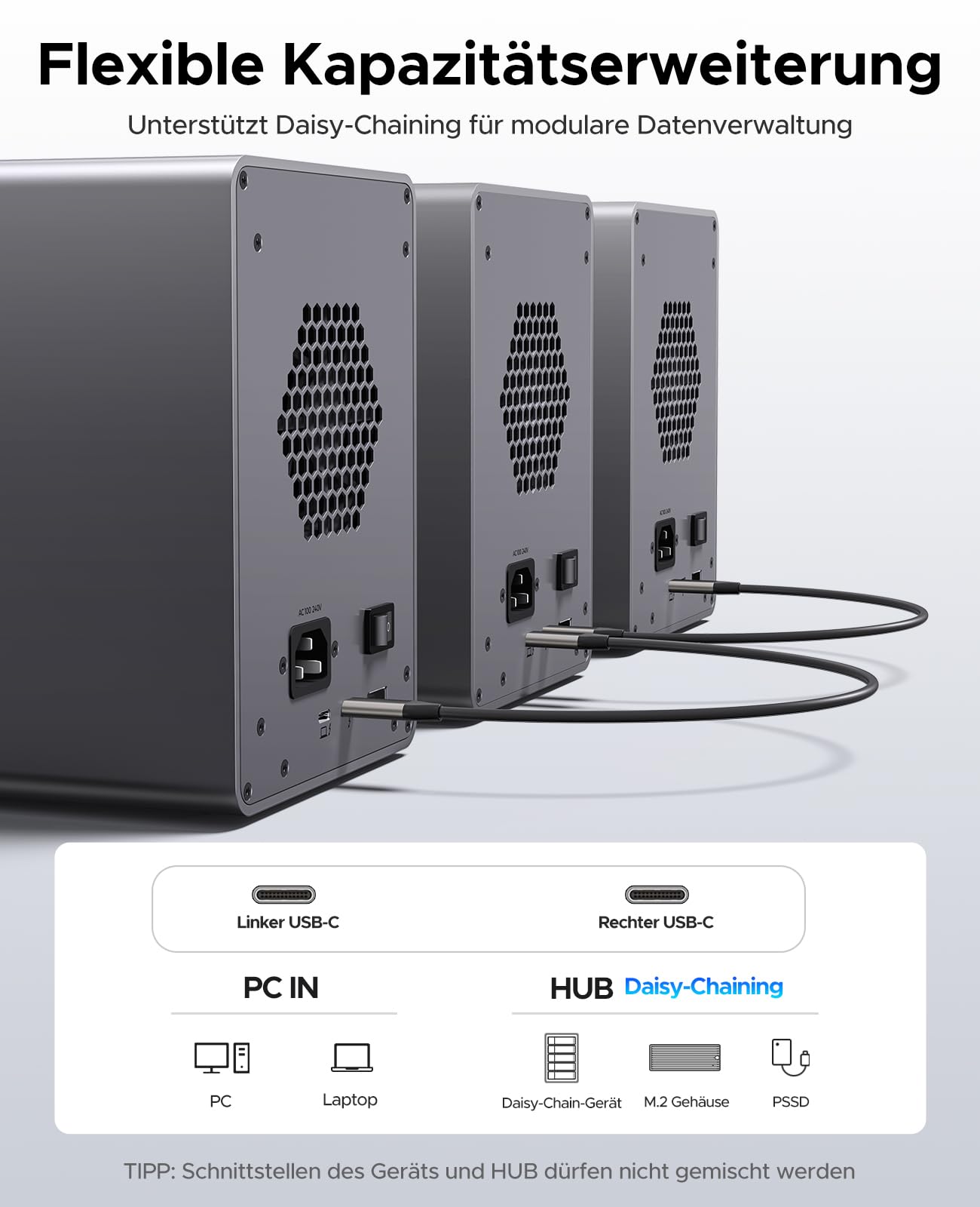 ORICO Estación de Carga para Disco Duro de 5 bahías, 40 Gbps, de Aluminio, para HDD de 3,5 Pulgadas hasta 5 x 22 TB, con Conector DP y Puerto de expansión USB-C, sin Disco Duro (Modelo 9858T3)