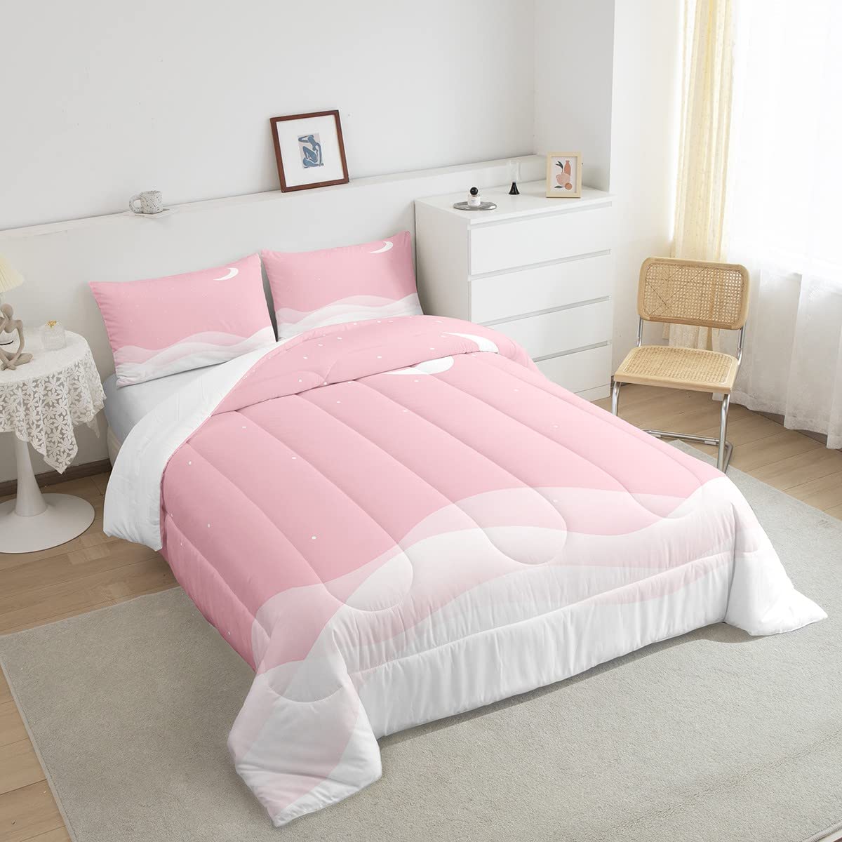 Juego de ropa de cama de color rosa, diseño de estrella, cielo nocturno, color rosa, para niños y niñas, incluye relleno interior de galaxia, con purpurina, tamaño King