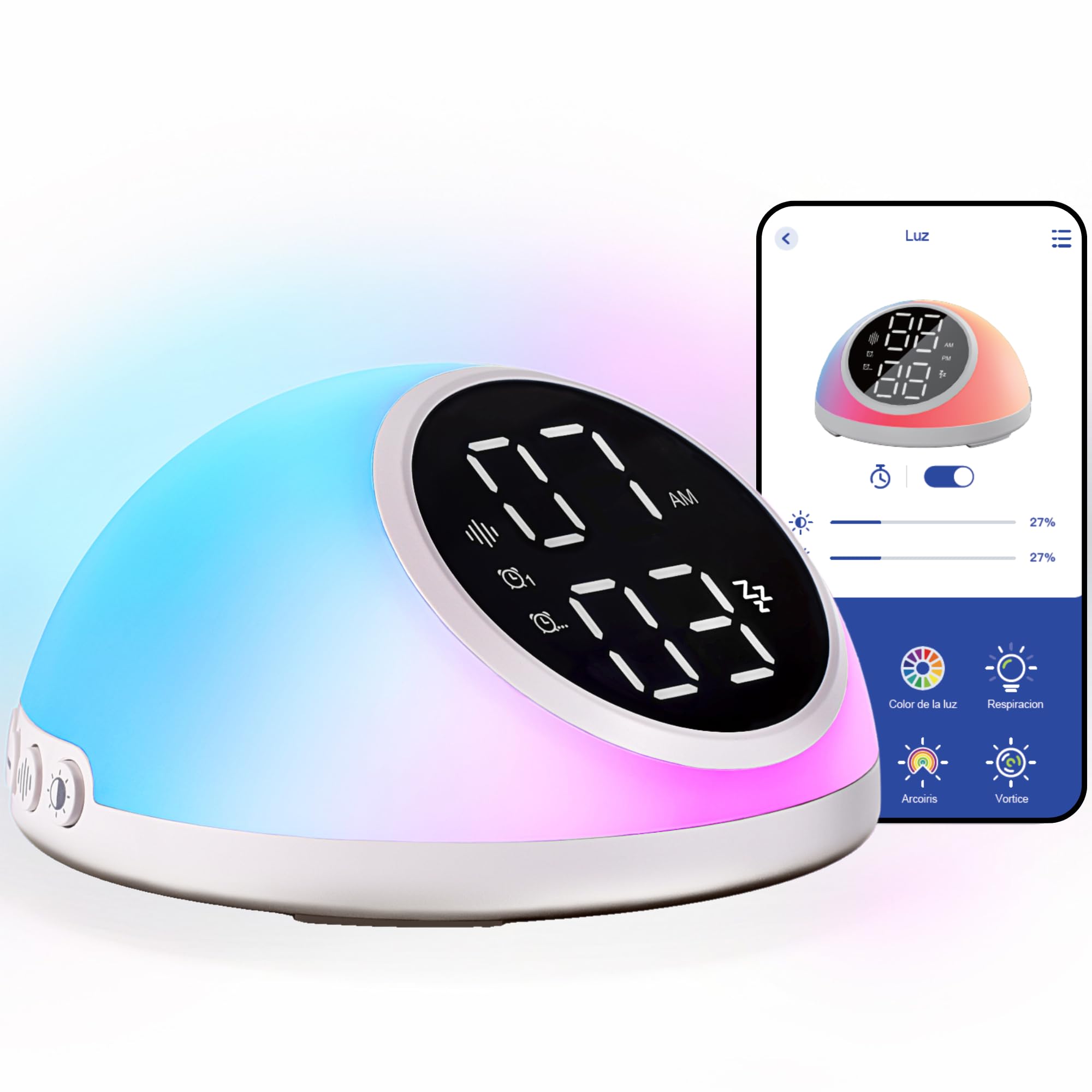 smartia - despertador inteligente Modelo 2025 Pro, despertador digital con APP Programable, despertador solar y 20 sonidos de naturaleza, alarma con luz de amanecer, reloj despertador digital