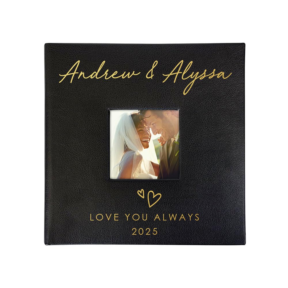 Personalized Photo Album For Couples, Holds 200 4" x 6" Photos, Engraved Hand Drawn Hearts Leatherette Picture Album, Gifts For Her, Wedding Gift, Black