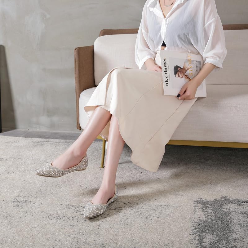 Women's Rhinestone Flats Fashion Pointed Toe Pearl Diamond Low Heel Dress Wedding Flats Work Business Casual Flats Shoes - Image 2