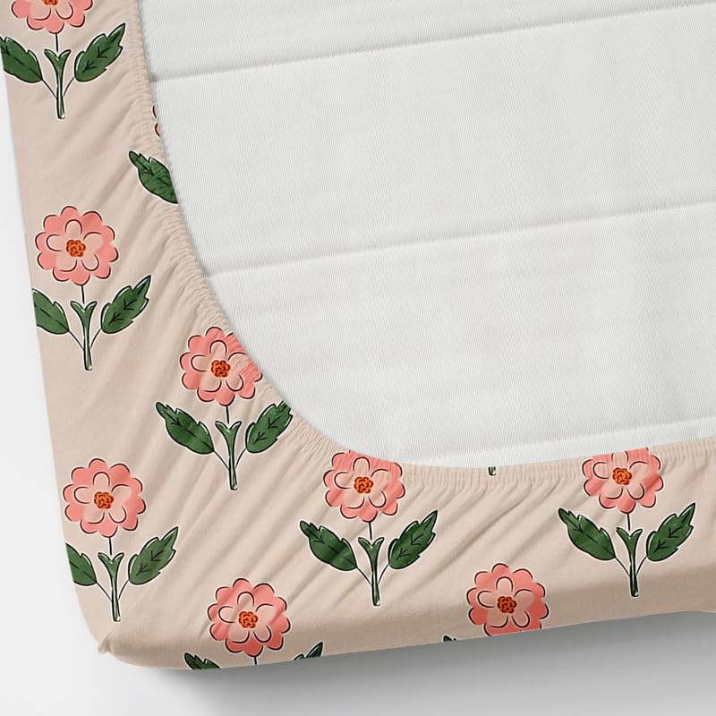 Image of NHD HOME 220 TC Cotton All Around Elastic Fitted Printed Bedsheets King Size, Fitted Bedsheets King Size for Double Bed with 2 Pillow Covers, Size- 78 x 72+10, Pink Green