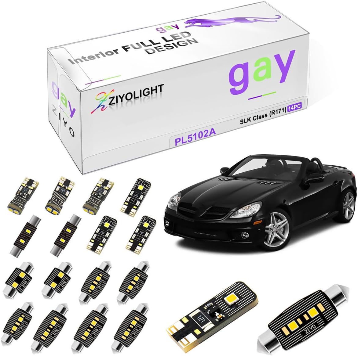 PL5102A - LED Interior Light Kit Replacement for Mercedes Benz SLK Class R171 2004-2010 + License Plate Light Bulbs Package, White Dome Lights Upgrade Error Free (14 Bulbs)