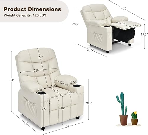 Miniatura 3 de GLACER Silla reclinable para niños con portavasos y bolsillos laterales, sillón reclinable para niños con respaldo cómodo, reposabrazos y