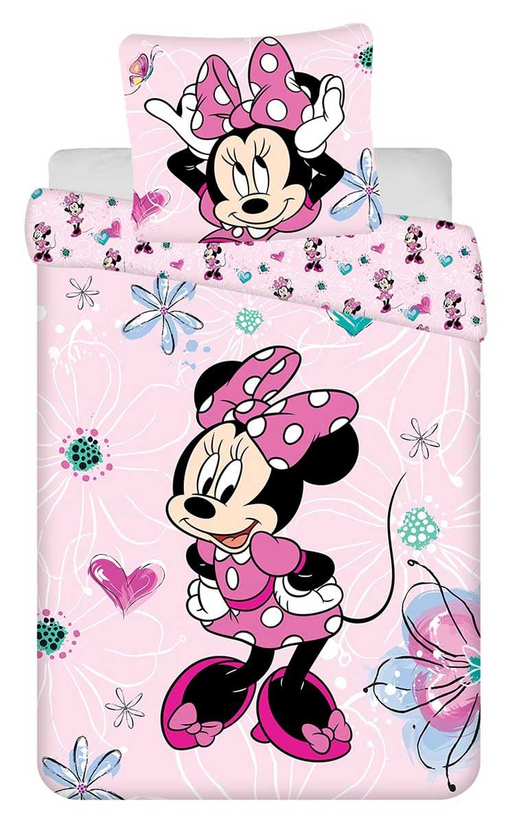 Disney - Juego de cama infantil de Minnie Mouse con corazones y flores rosas, funda nórdica de 160 x 200 cm + almohada de 70 x 80 cm, 100% algodón