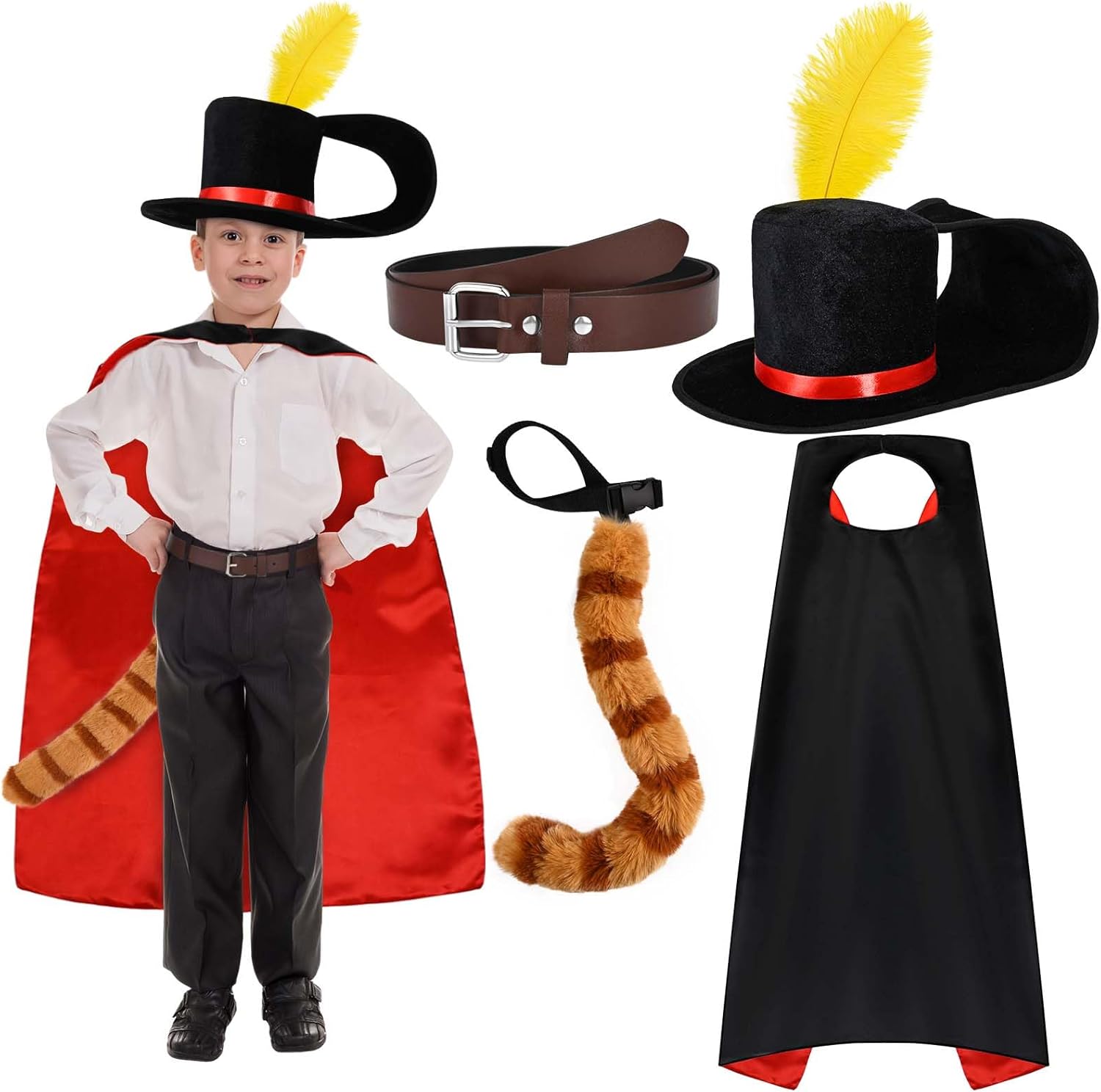 4 pcs puss costume set include cat cape hat belt and tail for halloween colonial style fancy dress up accessories