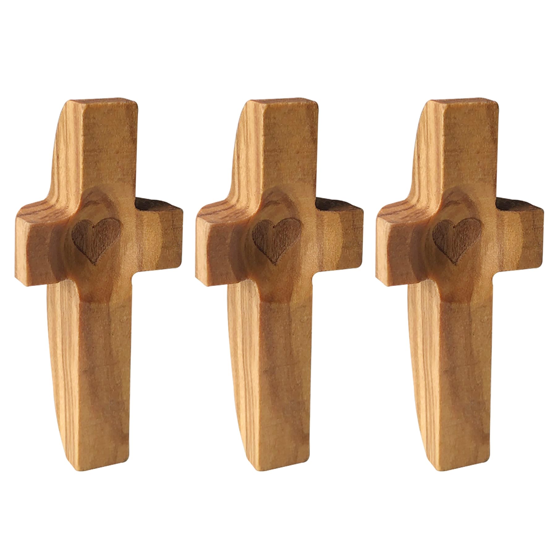 Cross My Heart Encouragement Gift, Wooden Handheld Small Cross for Anxiety Relief, Olive Wood Cross with Pocket, Religious Gifts for Children Adults (Olive 3PCS)