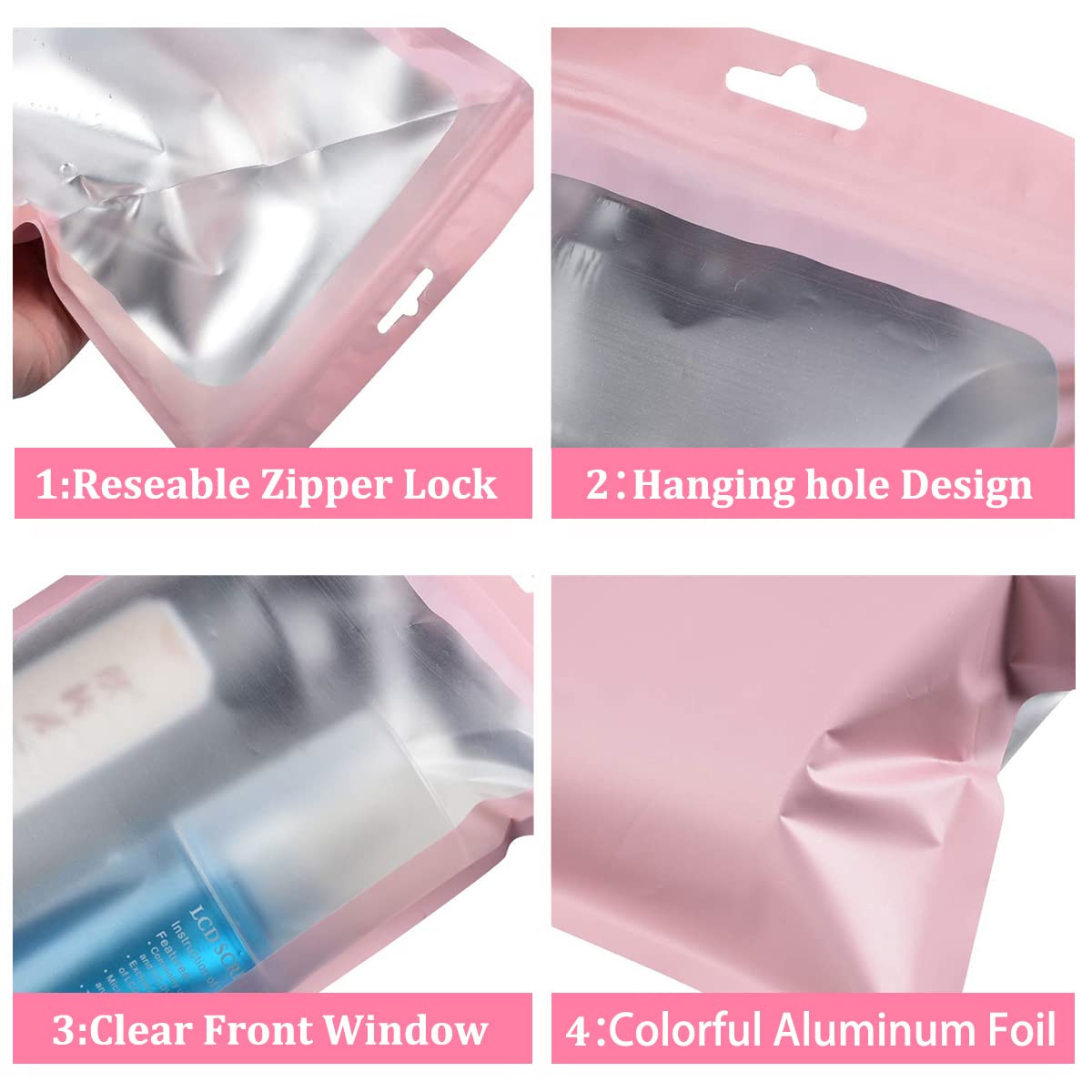 HASTHIP 100 Pcs Mylar Ziplock Pouch 8 × 13 cm Pink, Smell Proof 1