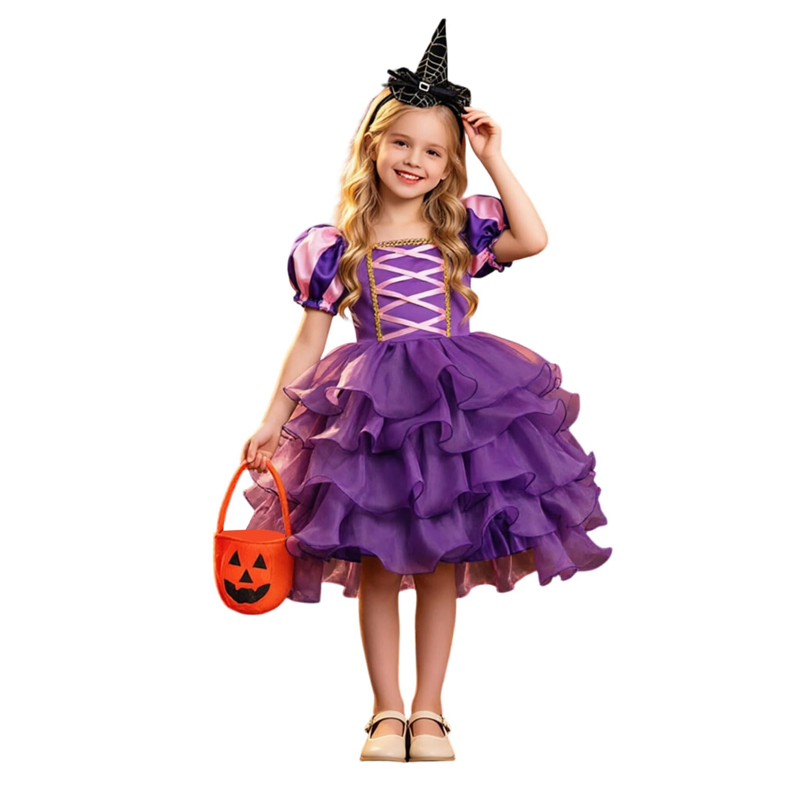 Halloween Kürbis Kostüm Hexenkostüm Kinder Tüllkleid mit Haarreif ＆ Tasche