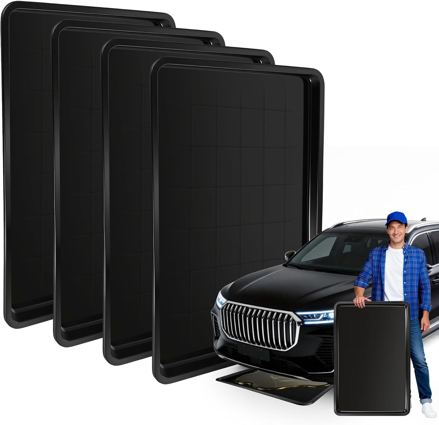 4-Pack Extra Large Oil Drip Pan for Under Car, 35.4" x 24" Leak-Proof Plastic Oil Trays, Engine Stand Drip Pan for Garage Floor, Oil Change Mat for Driveway, Car Oil Drain Pan Set