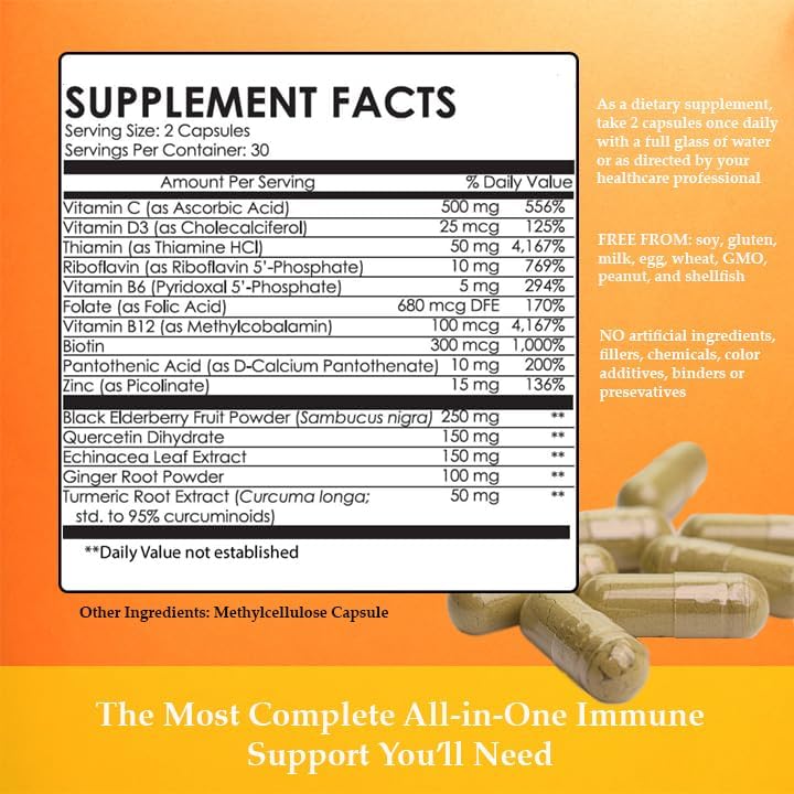 Immunity Support Booster with Vitamin C, D, Elderberry, Echinacea, Zinc, Quercetin, Curcumin, Ginger, B Vitamins Supplement, Vegan, Gluten Free, No Gelatin - Image 5