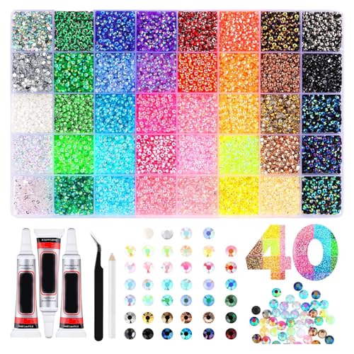 Glitzersteine Bedazzler Kit With Glue Multicolor Flatback Rhinestones for Bedazzling Kit 3mm Harz Strasssteine Verzierungsset für Kleidung Schuhe Nägel Bücher Diamantmalerei (40Farben-32000Stück)