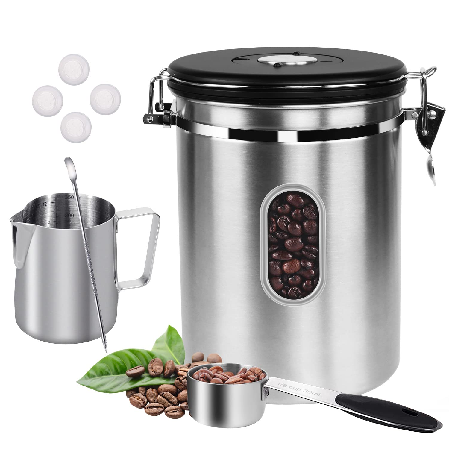 ROCKY&CHAO Kaffeedose Luftdicht aus Edelstahl Kaffeebhnen Behälter mit Sichtfenster an der Seite Vorratsdose für 600g Tee Nüsse Kakao Länger und Frisch Bleiben (1.8L-Edelstahl new) Küche, Haushalt & Wohnen