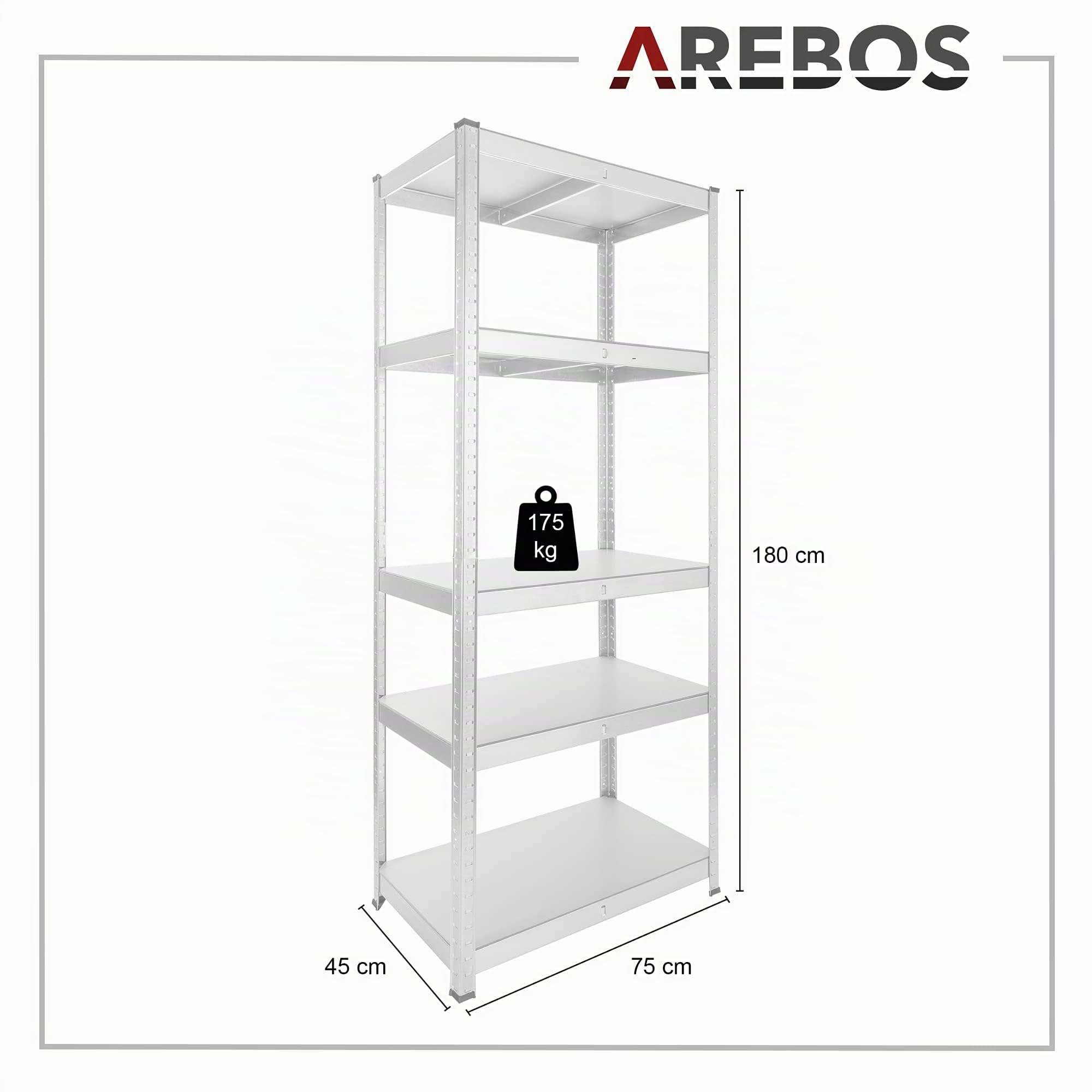 Arebos Estanteria Metalica | Estanterias Almacenaje 180x75x45cm | 875 kg | Estanterías Metálicas | Estanterias Metalicas Almacenaje | 5 Baldas | 2 Unidades