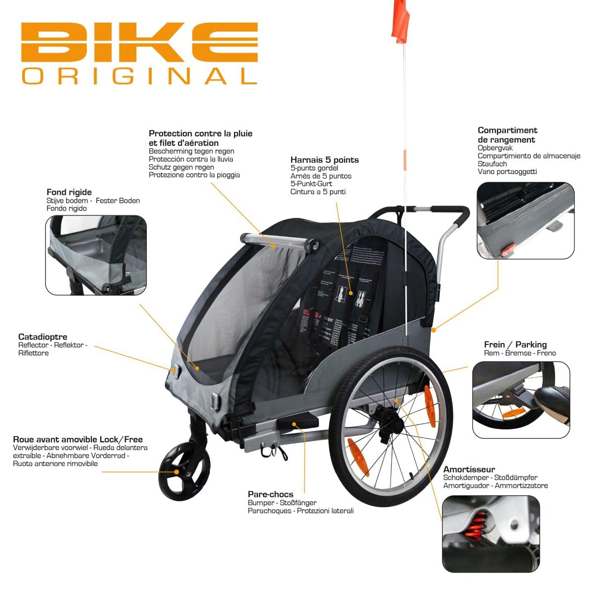 Bike Original - Remorque de Vélo Convertible en Poussette Enfant en Aluminium - Jusqu'à 2 Enfants - Pliable, Capote Toutes Saisons, Frein à Main et Position Parking, suspensions