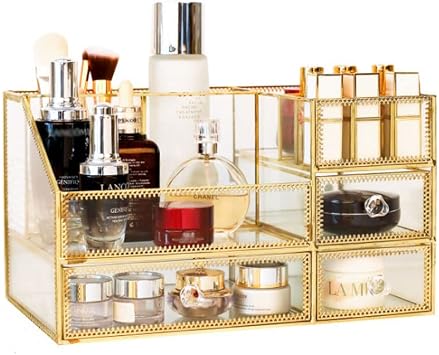 YUEHUA Large Makeup Storage, Perfume Organizer, Makeup Brush Organizer, Clear Glass & Brass Metal Cosmetic Organizer for Countertop Bathroom Dresser