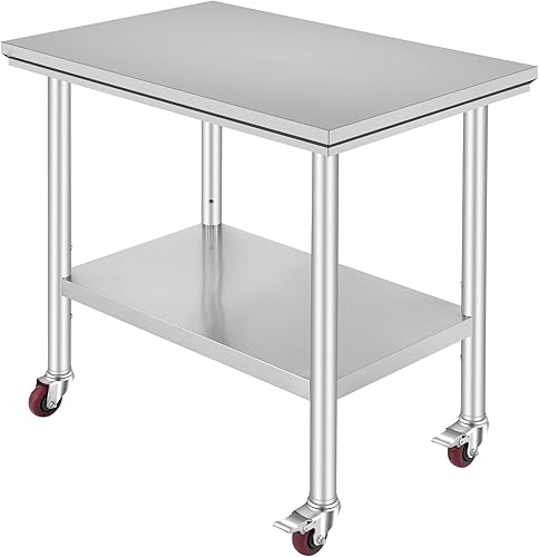 Mesa de trabajo comercial de acero inoxidable de 36 x 24 pulgadas con 4 ruedas para preparación de alimentos en cocina y restaurante