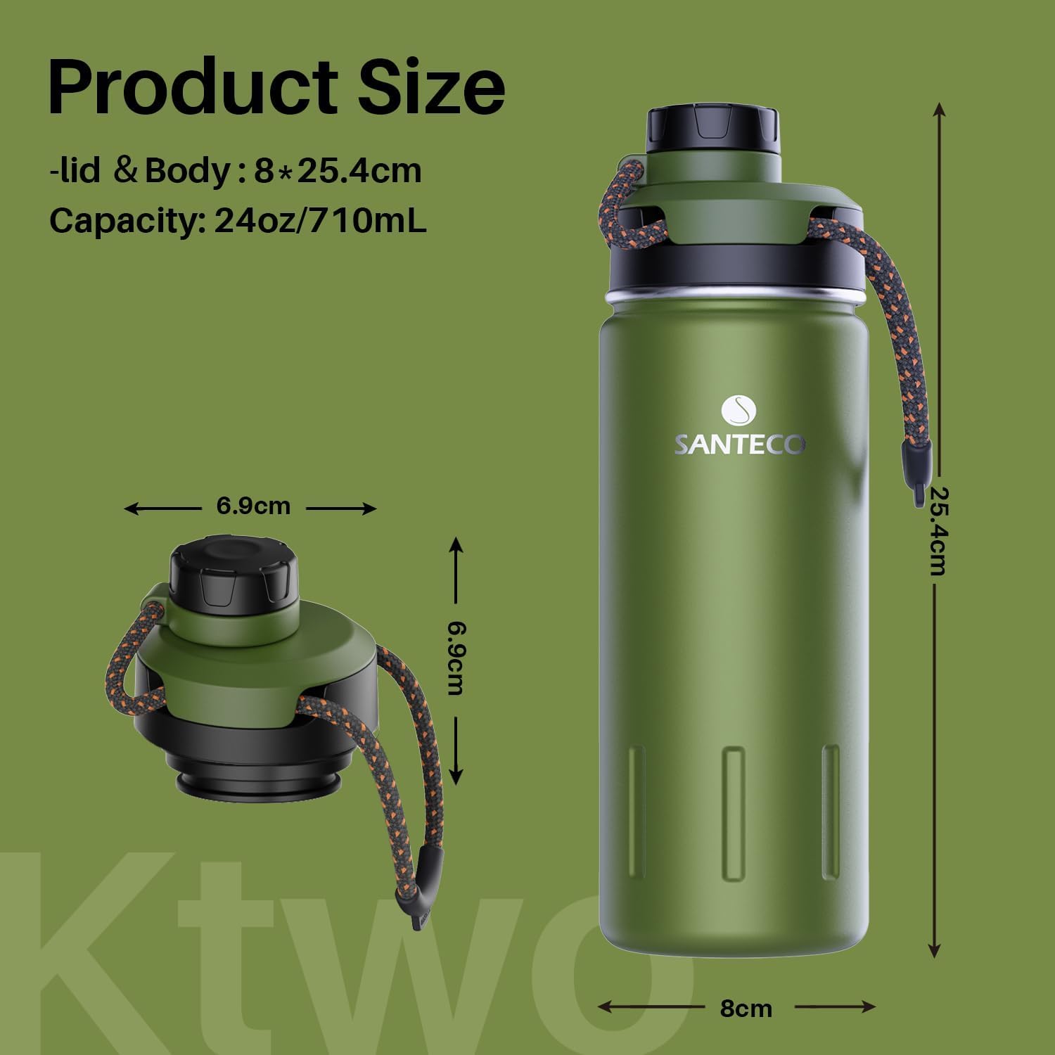 SANTECO Bottiglia Termica 500ml/710ml, Borraccia Acciaio Inox Senza Perdite, Bottiglia d'Acqua Sportiva per Bambini, Scuola, Sport, Campeggio, Yoga, Palestra, Ciclismo, Senza BPA