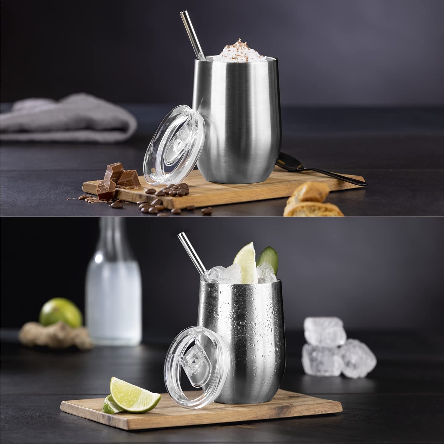 2 Mugs Isothermes Acier Inox 350ml - Empilables, Avec Couvercle Et Paille, Pour Bière Ou Boissons Fraîches