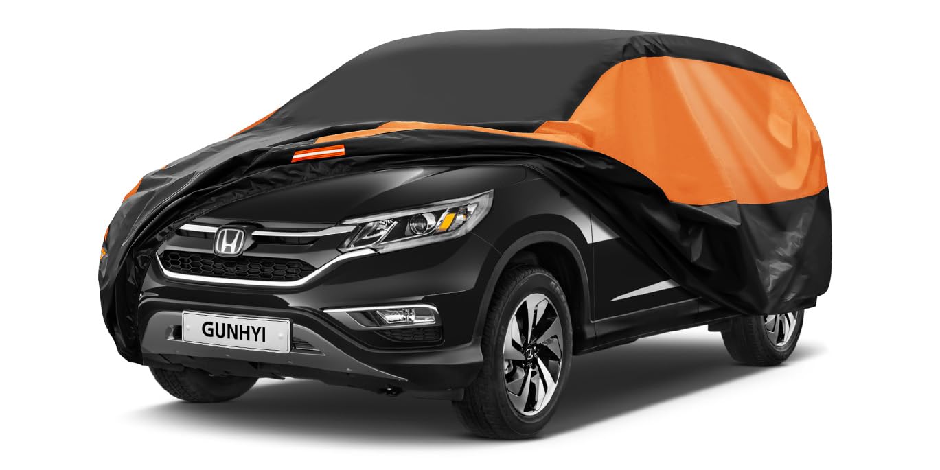 GUNHYI Waterproof Lightweight SUV Full Car Cover Custom Fit Honda CR-V | All‑weather Outdoor sun/rain/dust/snow/wind/UV protection, breathable tear‑resistant fabric, black‑orange design,storage bag