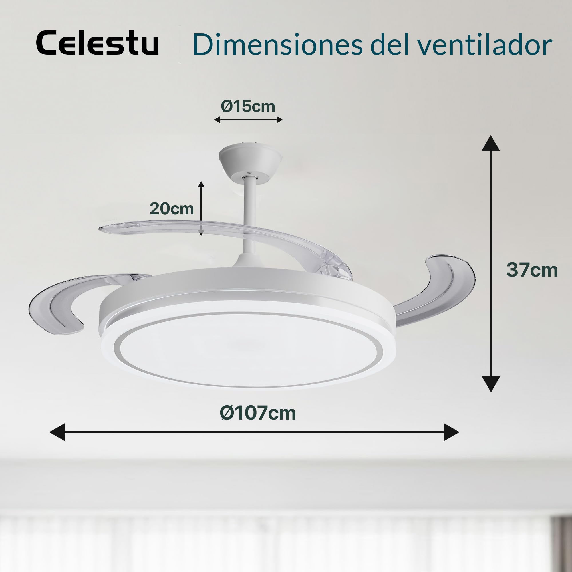 Ventilador de techo con luz led 66W con mando,temporizador, 6 velocidades, aspas retráctiles, 3 temperaturas de luz, CCT Silencioso, Intensidad Regulable (Blanco Brillo)