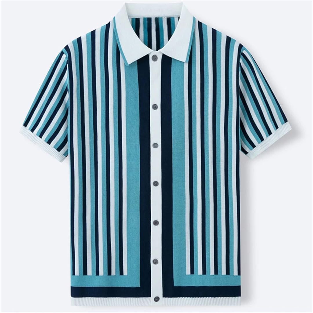 Men’S Loose Fit Striped Knitted Polo Cardigan Short Sleeve Button-Down Luxury Fashion Top Tee
