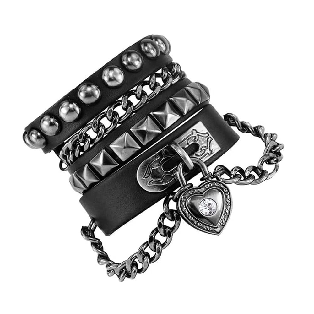 BaBakiak Punk Leather Cuff Bracelet, Retro Multi Wrap Bracelet for Men Women