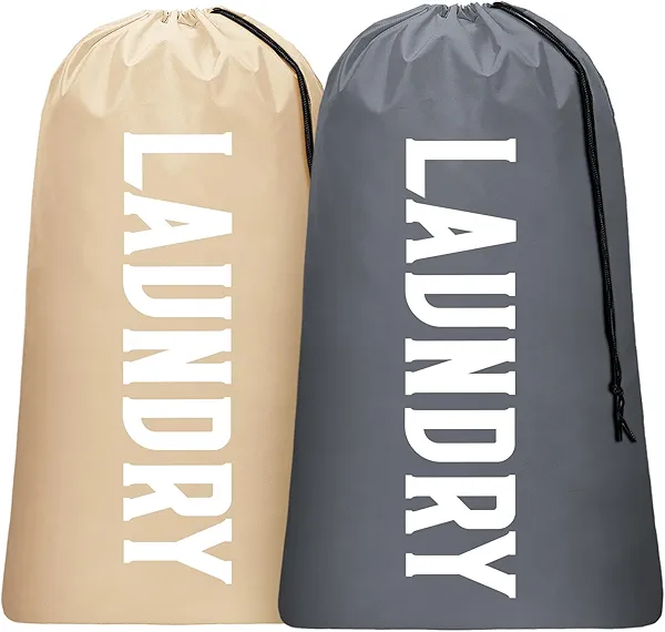 2 Pack Large Travel Laundry Bag, Dirty Clothes Travel Bag with Drawstring, Heavy Duty Laundry Bag for Dorm Camp Traveling, Fit a Laundry Hamper for Students College, Khaki Grey
