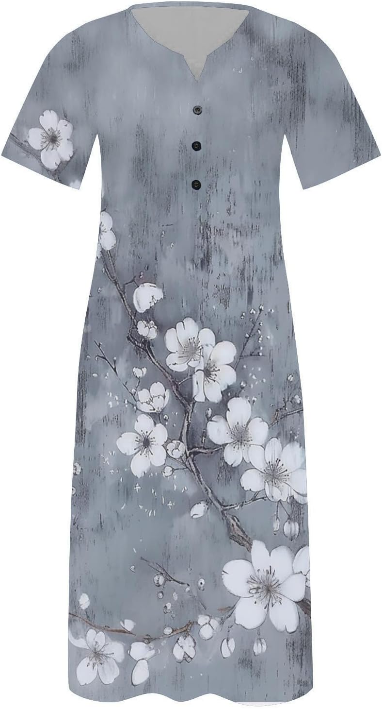 Boho Floral Dress for Women's Short Sleeve Button V Neck Dresses Vintage Casual Maxi Sundress Summer Beach Sundresses