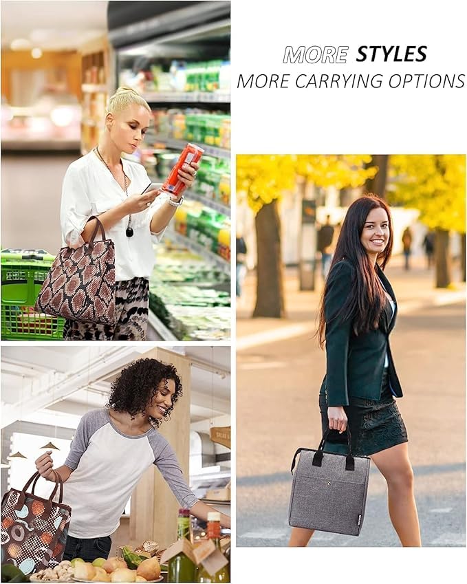 Image of Insulated Lunch Bag for Women, Black and White Stripe Tote with Front Pocket, Stylish Carry Bag (2)