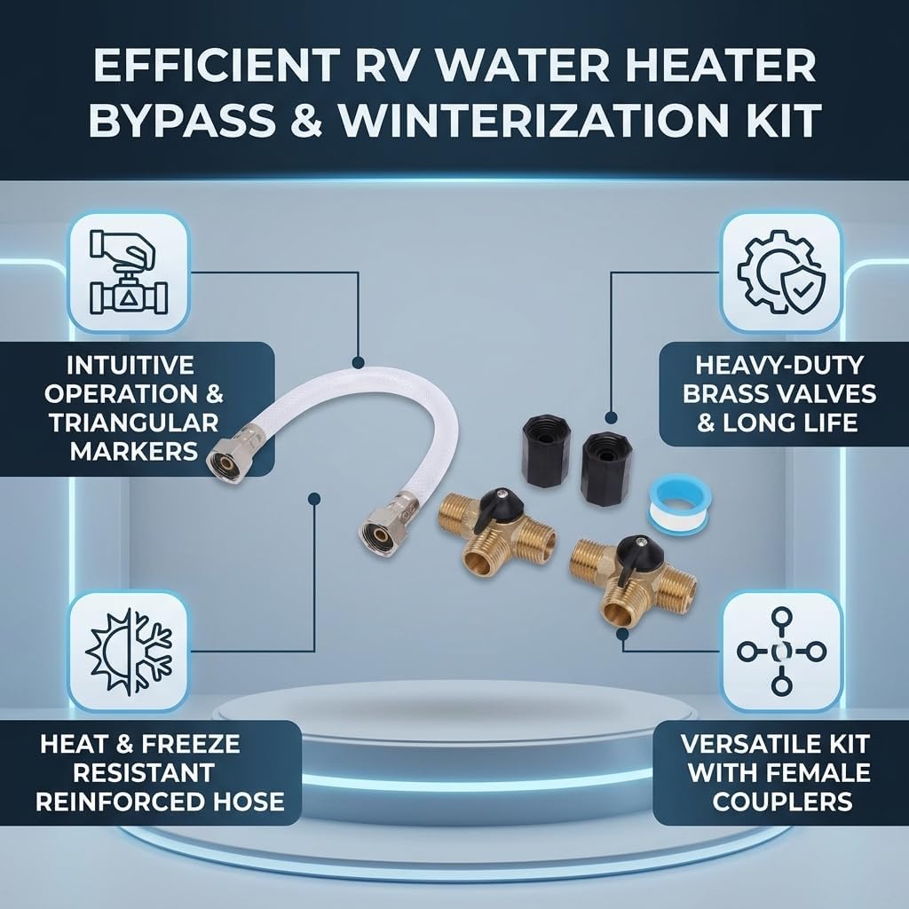 RV Water Heater Bypass Kit, Featuring Robust Brass Valves, Male & Female Connectors, with Intuitive Handle for Easy