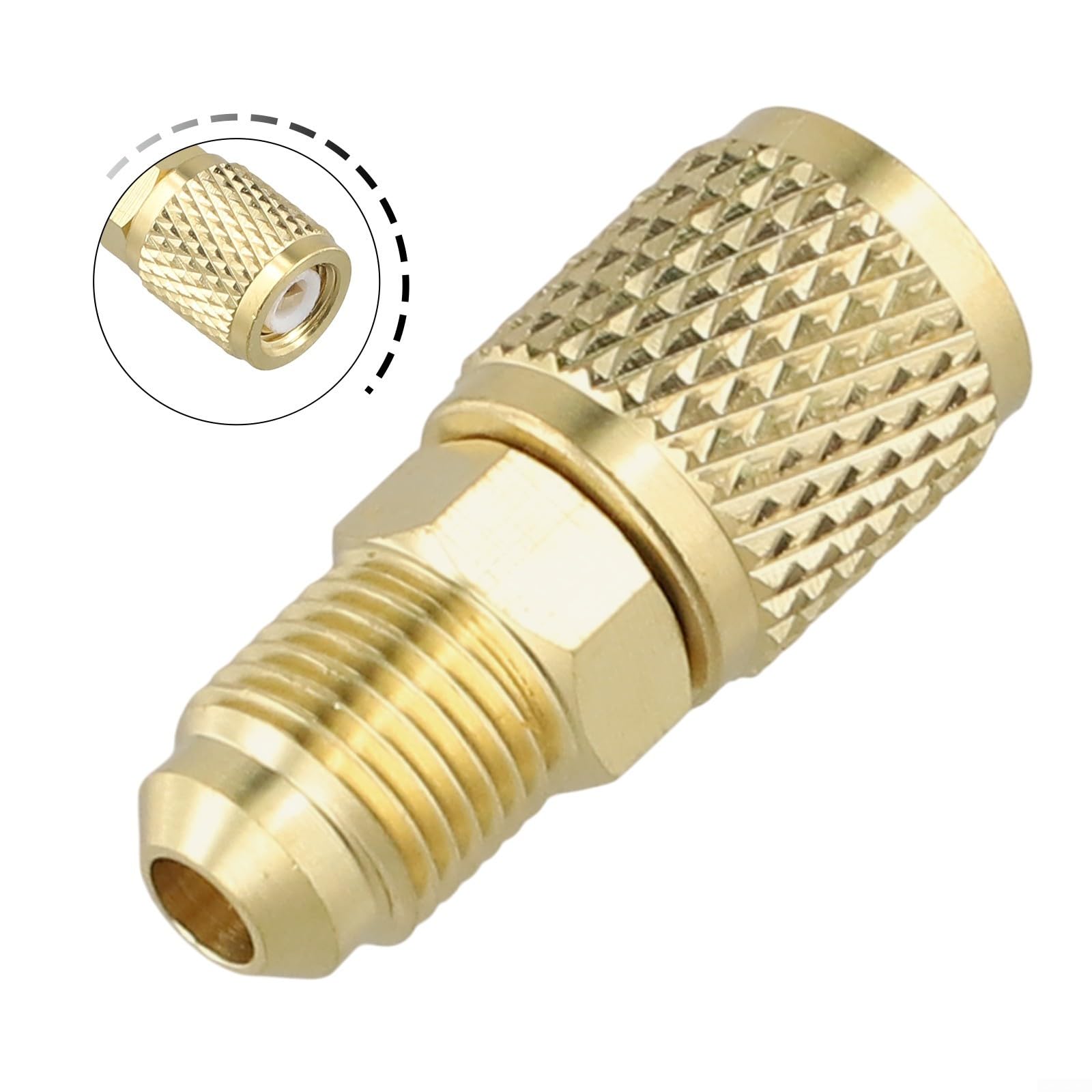 Adaptateur SAE mâle 5/16 x femelle 1/4 en laiton pour systèmes de climatisation R32 R410a R22 – Raccord doré, construction robuste, installation facile, accès sûr à la valve sous pression