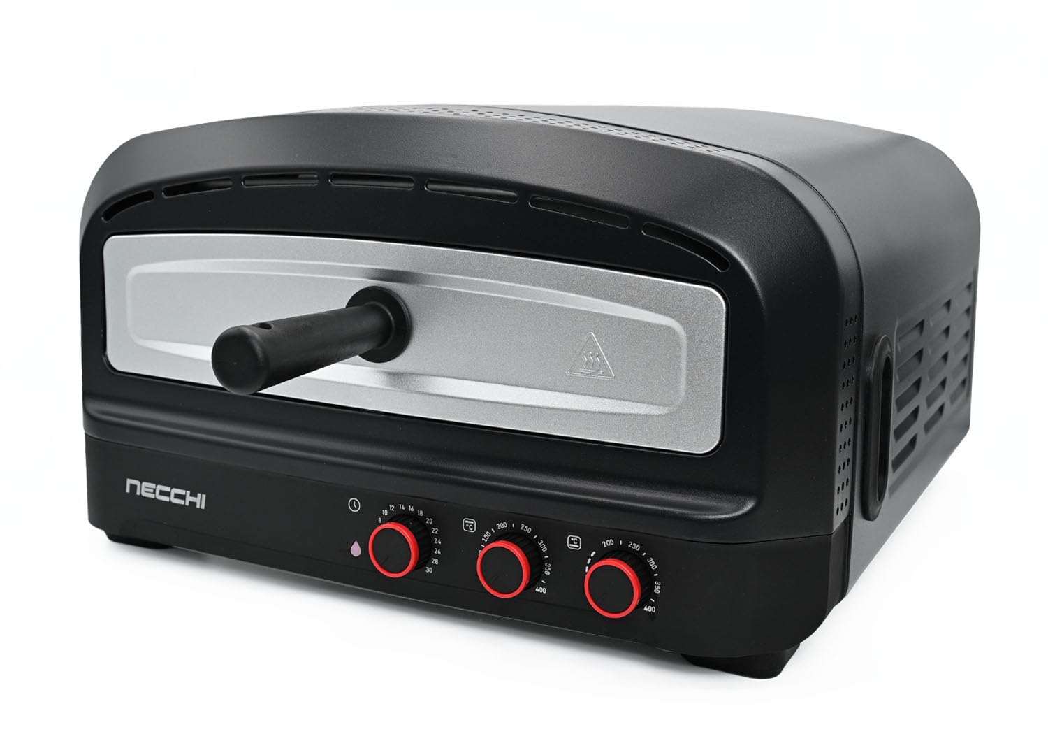 Necchi Forno Pizza 2200W, fino a 400°C per cottura professionale. Pietra refrattaria, timer 30 min, doppio riscaldamento. Capacità 20L, ideale per pizze fino a 27 cm.