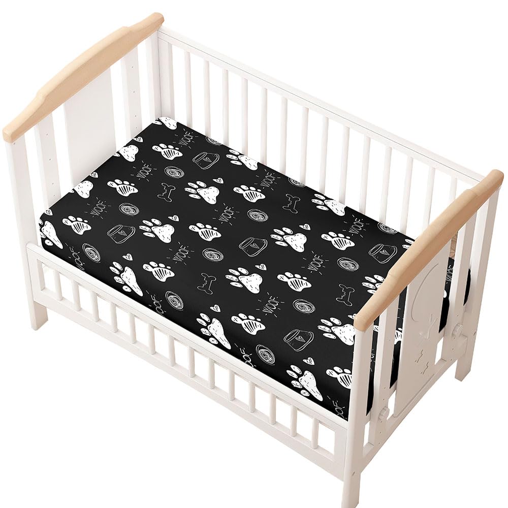 Odot Cot Bed Sheets, Animal footprints Print Bedside Cribs Fitted Sheets, Baby Bed Sheets Microfiber Cot Bed Mattress Protector, Bassinet Sheets, Easy Care Soft and Dureable (black white,45x80 cm)