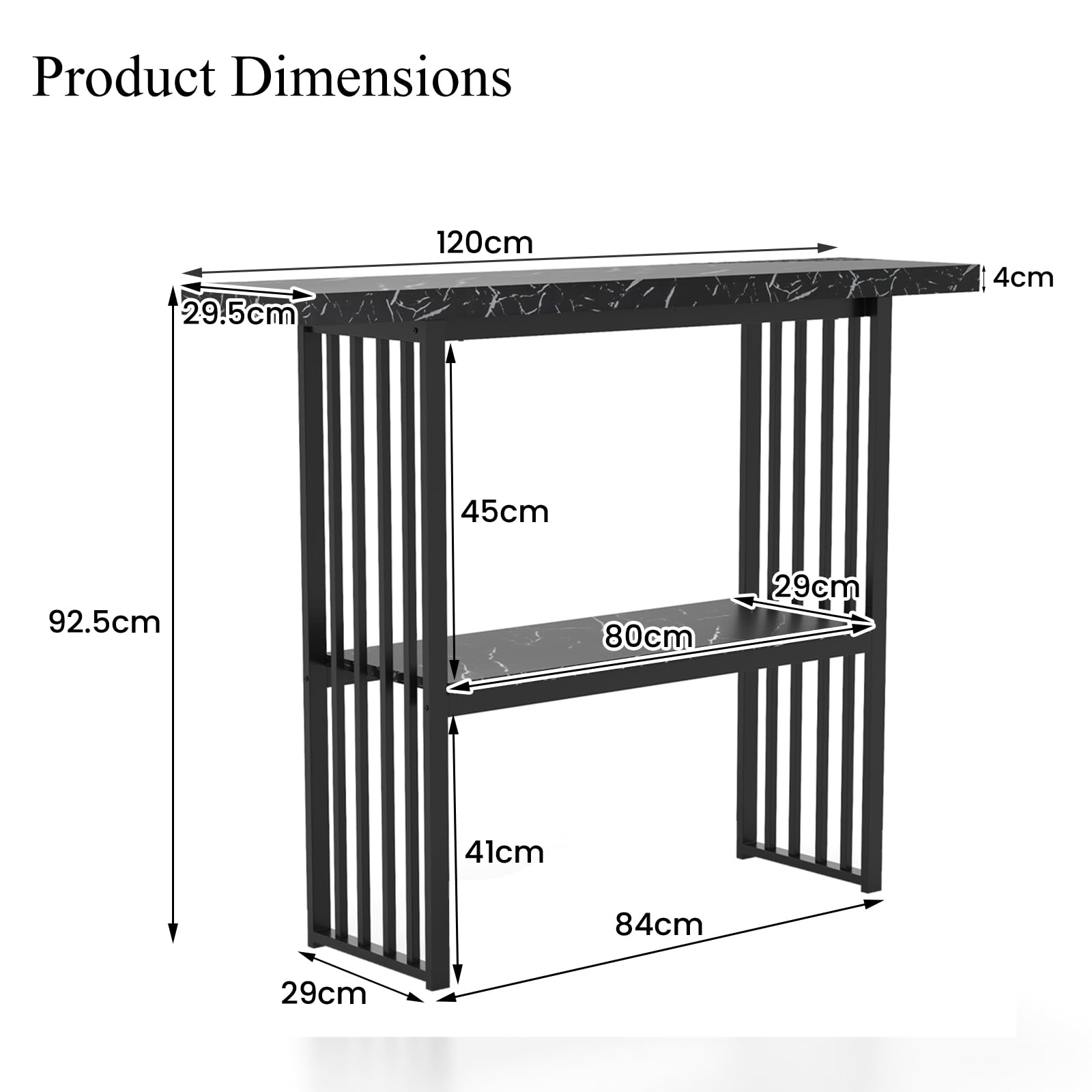 LIFEZEAL Table Console, Table d’Entrée à 2 Niveaux, Bout de Canapé en Faux Marbre, Cadre Métallique, pour Salon, Entrée, Couloir, Doré, 120 x 30 x 93 cm (Noir)