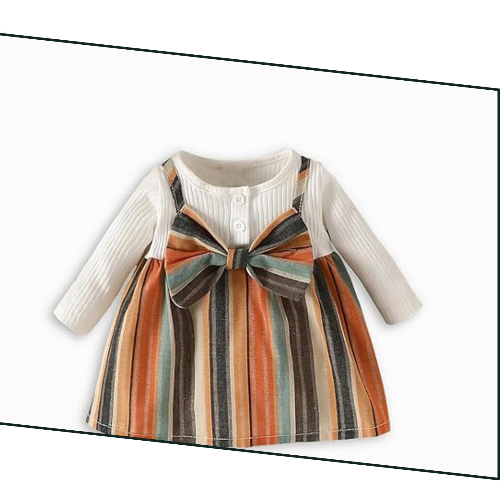 PAMBERSTON Baby Girl's Polyester Blend Frock with Full Sleeves Round Neck Waist Bow Knee Length Striped Pattern A Line Style Regular Fit White 4