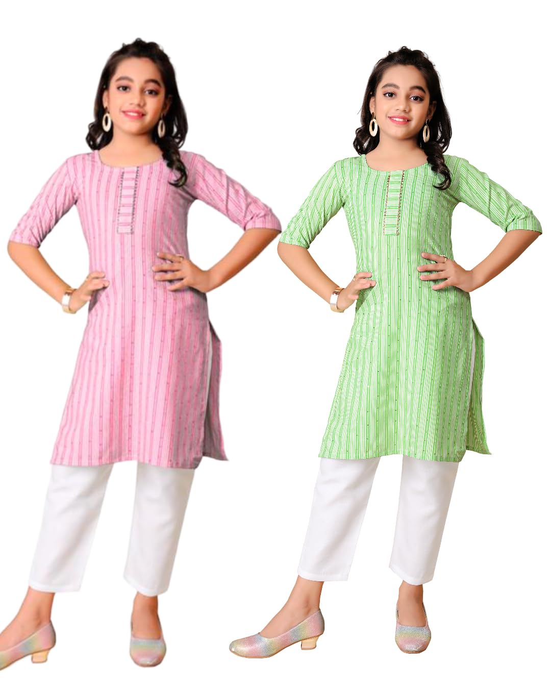 Girls' Printed Green and Blue Color Sequence Work, Cotton Kurti Kurta with 3/4 Sleeves-image-4