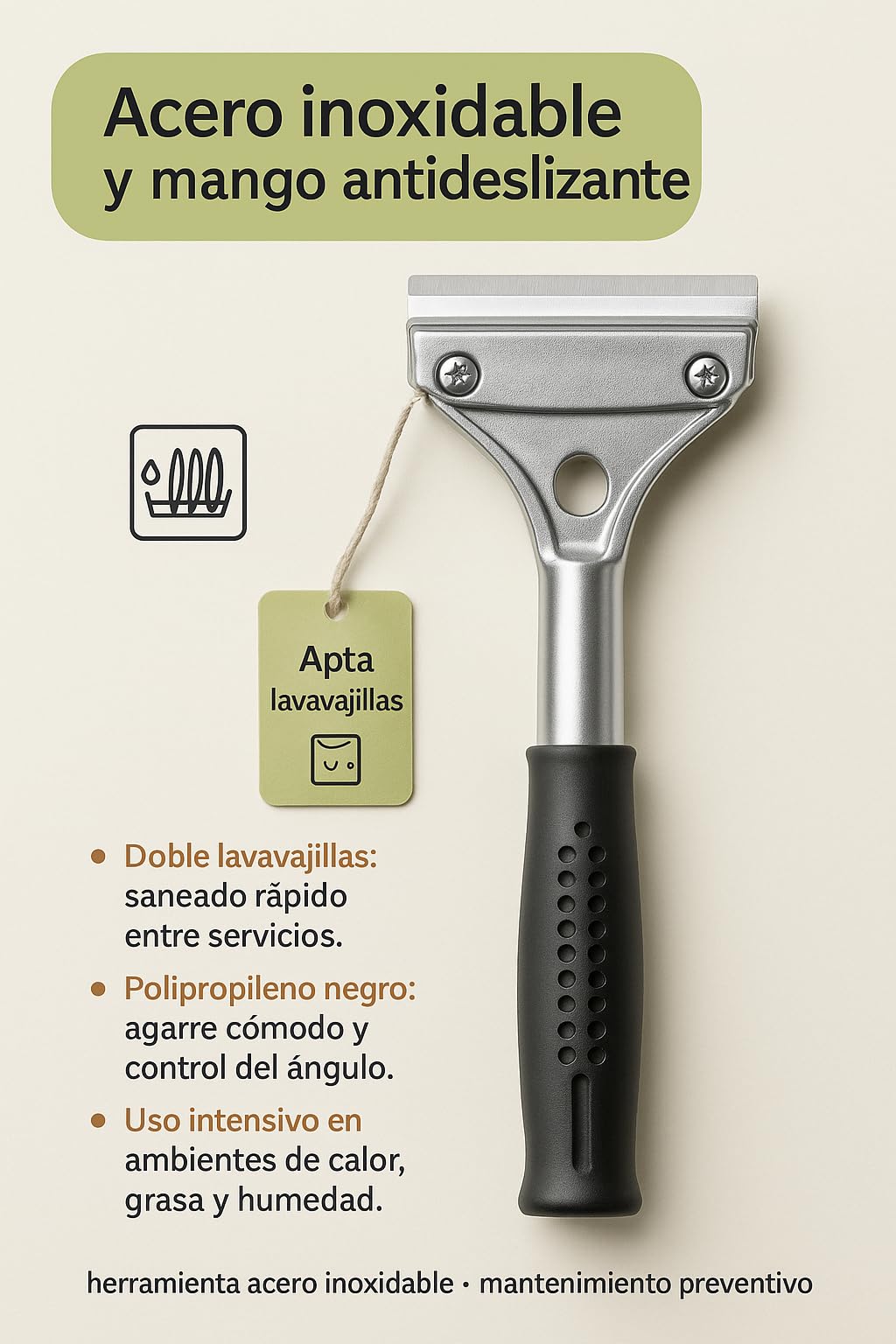 Rasqueta Cromo Duro 10 Cm Acero Inoxidable Mango Antideslizante Doble Cuchilla Apta Lavavajillas Limpieza Planchas Fry Top HORECA Industrial Ref 93GS09001 Herramienta Sat