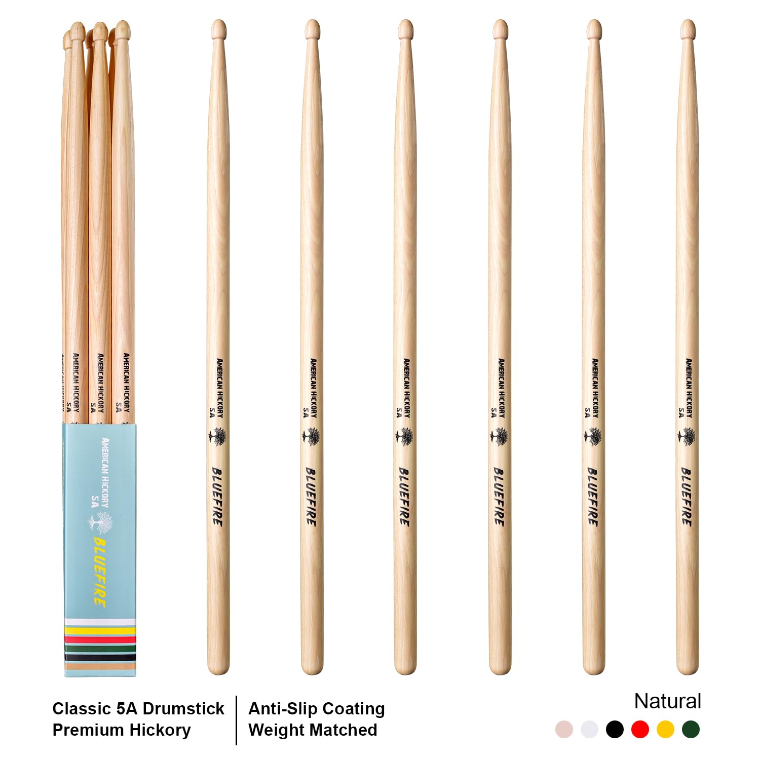 6 palos/3 pares de baquetas naturales 5A, bastones clásicos 5A, baquetas de nogal con puntas de bellota, para batería acústica o electrónica, palo de fuego azul, peso a juego. Baqueta natural. Regalo